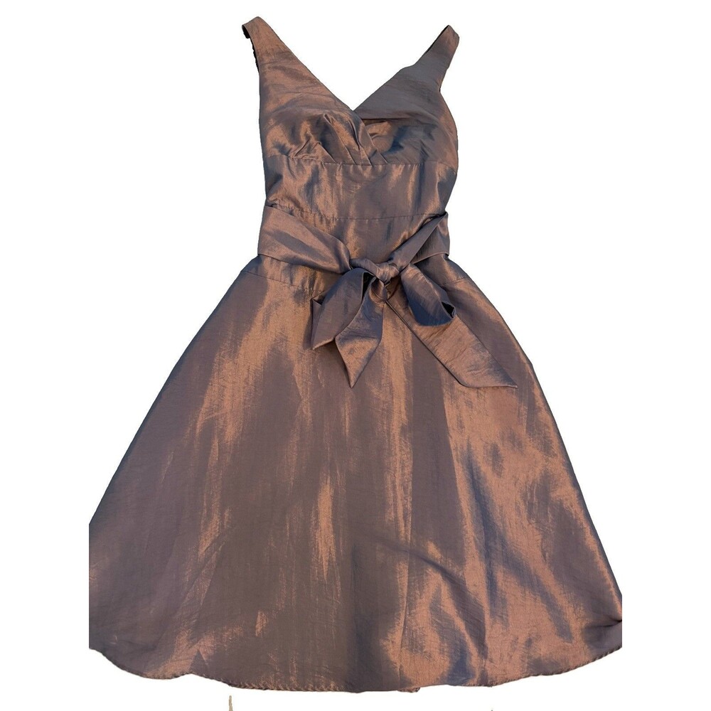AGB Dress Brown Satin Sleeveless V-Neck A-Line Knee Dress Bow Zip Size 6